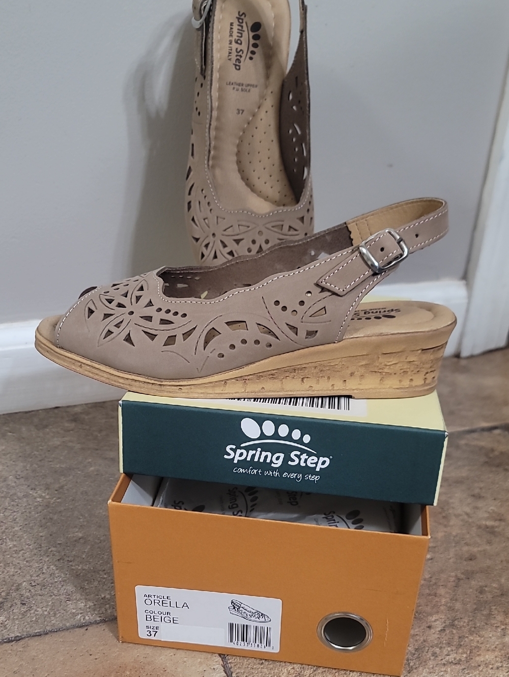 Spring Step Taupe Laser-Cut Wedge Slingback Sandals